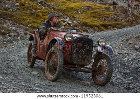 HONISTER PASS, ENGLAND - NOVEMBER 10:  An Austin sports car competes in The Honister Hill Climb in the English Lake District.  The Vintage Sports Car Club event took place on November 10, 2012.