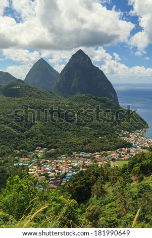 The Pitons, St Lucia. The Pitons are two volcanic spires on the Caribbean island of St Lucia and are a UNESCO world heritage site.