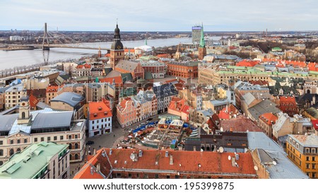 RIGA, LATVIA - MARCH 20:  A panorama of the city of Riga, capital of Latvia on March 20, 2014.  The river Daugava, Vansu Bridge, Dome Square and Cathedral and St Jacobs Cathedral can all be seen.