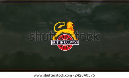 PENRITH, ENGLAND - OCTOBER 25:  A British Railways logo on a steam train tender at Penrith station in Cumbria, northern England on October 25, 2014.  The logo was used between 1950 and early 1956.