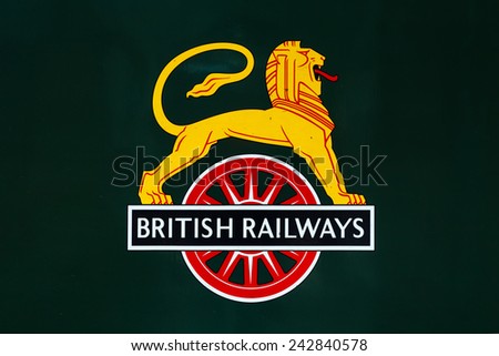 PENRITH, ENGLAND - OCTOBER 25:  A British Railways logo on a steam train tender at Penrith station in Cumbria, northern England on October 25, 2014.  The logo was used between 1950 and early 1956.
