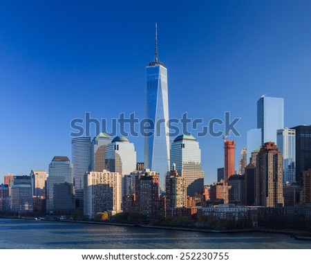 NEW YORK CITY, NOVEMBER 18:  The Lower Manhattan skyline in New York City pictured on November 18th, 2014.  The One World Trade Centre dominates the skyline.