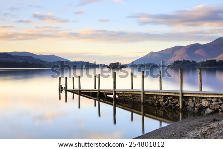 Derwentwater Landing Stage.  Evening light on Ashness Gate landing stage.  The landing stage at Ashness Gate is on the banks of Derwentwater, Cumbria in the English Lake District national park.