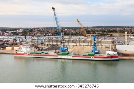 SOUTHAMPTON, ENGLAND - SEPTEMBER 5:  A general cargo ship named Vlieborg is docked in the port of Southampton on September 5, 2015. The ship is owned by the international shipping company Wagenborg.