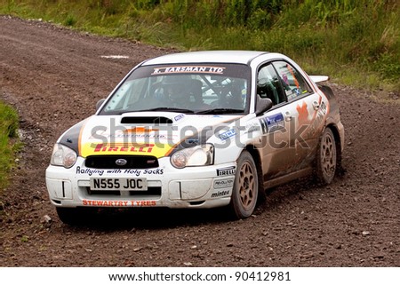 TWIGLEES, SCOTLAND - JUNE 25:  Jock Armstrong and Kirsty Riddick in the Subaru Impreza on their way to victory in the 2011 RSAC Scottish Rally on June 25, 2011, in Twiglees on the Scottish borders.