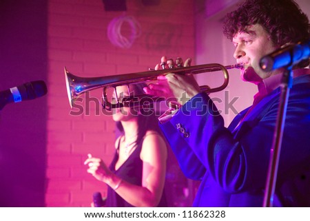 James Lynch plaing on trumpet. Concert in restaurant Tinkoff in Moscow, Russia. In the  23 of april 2008 year.