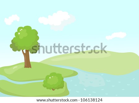 cartoon landscape with trees and river
