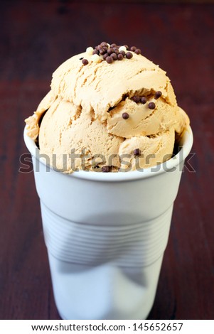 Homemade caramel ice cream with chocolate drops
