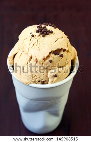 Homemade caramel ice cream with chocolate drops