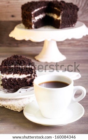 Cup of coffee and slice of chocolate cake