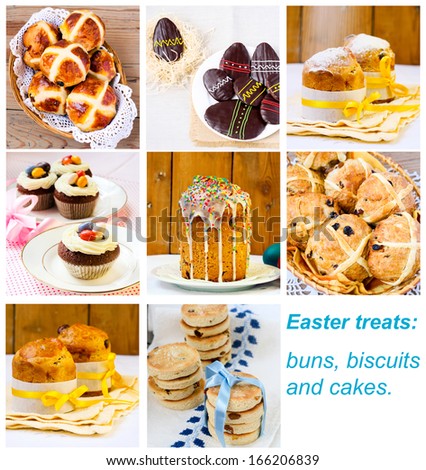 Easter treats collage: buns, biscuits and cakes