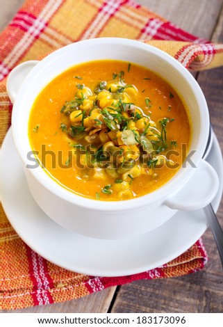 Pumpkin and corn soup with seeds