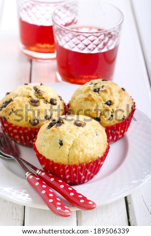 Chocolate chips muffins and red juice