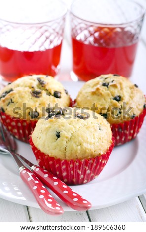 Chocolate chips muffins and red juice