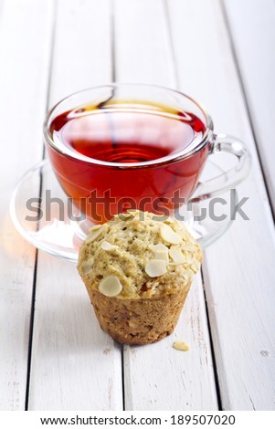 Almond and fig muffin and cup of tea