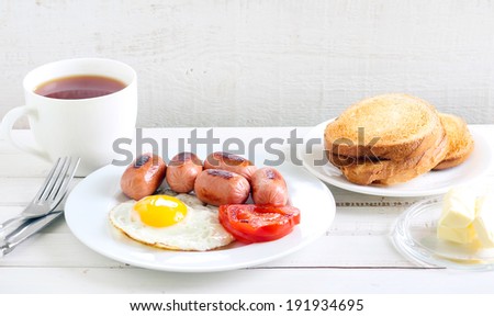 Fried egg, mini sausages, tomato and cup of tea