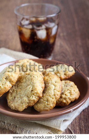 Oat cookies and drink, selective focus