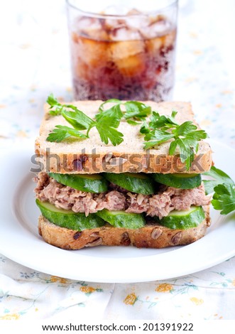 Tuna and cucumber sandwich on plate