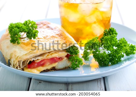 Wrap sanwich with chicken, cheese and tomato filling