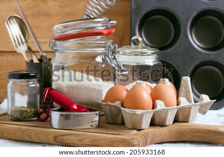 Baking cake ingredients and cooking tools