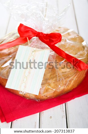 Cake wrapped in plastic bag for gift