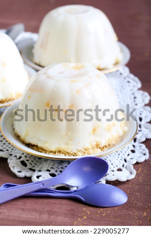 Yogurt dessert with fruits and marshmallow, selective focus