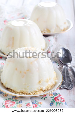 Yogurt dessert with fruits and marshmallow, selective focus