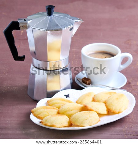 French lemon biscuits - madeleines and coffee, square image