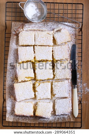 Tangy lemon squares with icing sugar on rack