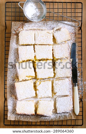 Tangy lemon squares with icing sugar on rack