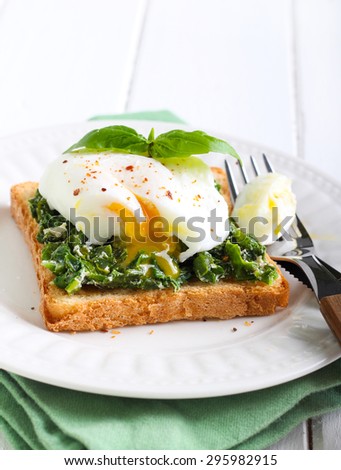 Creamy spinach and poached egg toast on plate