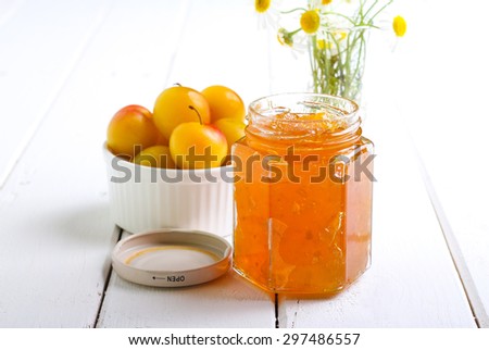 Yellow plum marmalade ina jar, selective focus