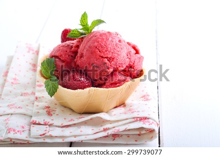 Strawberry and mint ice cream, selective focus