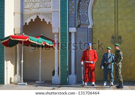 RABAT, MOROCCO - FEBRUARY 09 : Royal guard in front of the mausoleum in Rabat, Morocco. Mausoleum contains tombs of the Moroccan kings, late King Hassan II and Prince Abdallah. February 09, Rabat.