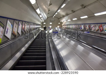 LONDON, UK - OCTOBER 18: Empty escalator deep in the London Underground, UK, on October 18, 2014.