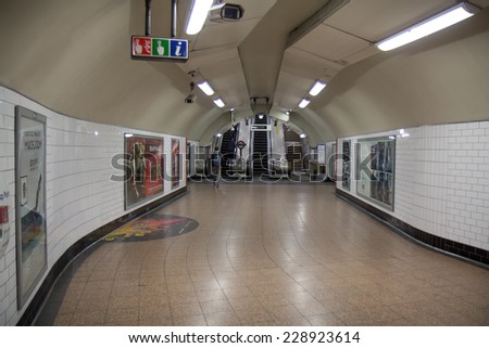 LONDON, UK - OCTOBER 18: Empty passage deep in the London Underground, UK, on October 18, 2014.