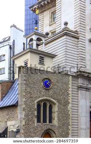 LONDON, UK - OCTOBER, 15, 2014: Church of St Ethelburga\'s it was almost completely destroyed by an IRA bomb in 1993.  It was rebuilt and opened as a centre for reconciliation and peace in 2002.