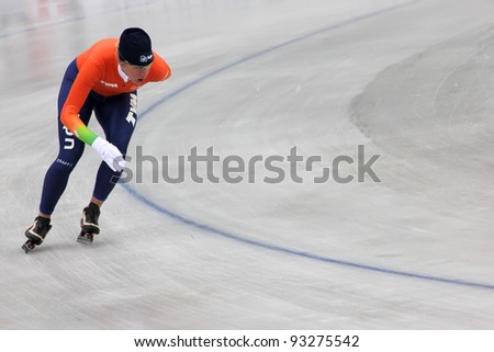 BUDAPEST, HUNGARY - JANUARY 6: Unidentified runner at the speed skating competition of Essent ISU European Speed Skating Championships 2012, January 6, Budapest, Hungary.