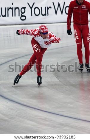 BUDAPEST, HUNGARY - JANUARY 6, 2012: Unidentified runner at the speed skating competition of Essent ISU European Speed Skating Championships 2012, January 6, Budapest, Hungary.