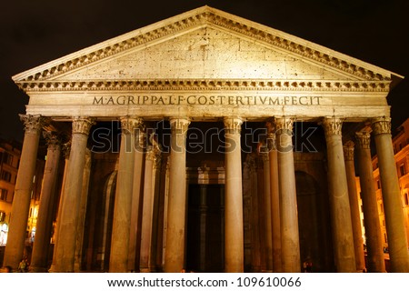 Night lighting of the facade of the Pantheon in Rome