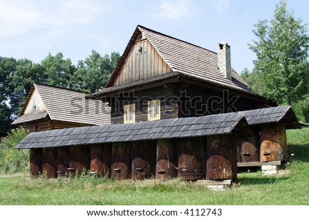 An old historic houses in museum  – Roznov  Skansen -  Wallachian Village open air museum- in Czech republic in Europe under mountains by name Beskydy