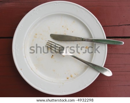 closeup of a place setting with empty  dinner-plate on desk (past dinner)