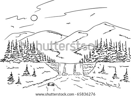 vector - mountain landscape with a waterfall on the creek