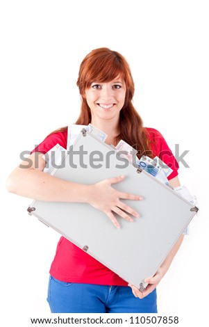 Woman holding metal grey case with money