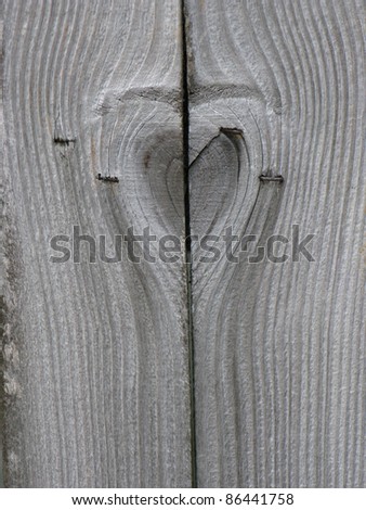 Broken heart knots in weathered wood fence pickets.