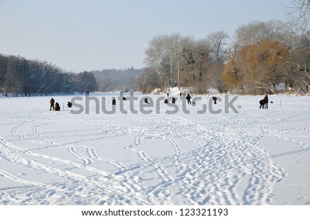 Winter fishing on river.Winter river Ros. Alexandria Park,city Bila Tserkva, Kiev region, Ukraine.