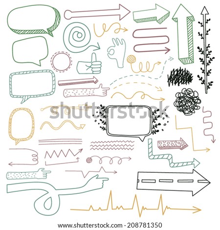 Hand Drawn Doodle Colored Arrows / Vector illustration of doodle hand drawn borders and lines, speech bubbles, hand, pointers