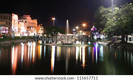 KORAT-SEP 08:Fountain on pond at recreation park near Suranaree monument on September 08, 2012 in Nakhon Ratchasima, aka Korat, Thailand. Here is the central of event, and business in Korat downtown.