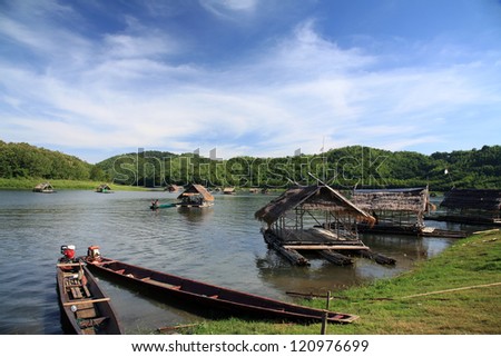 Scenic of Wooden raft floating on the river at Huai Krathing in Loei, Thailand