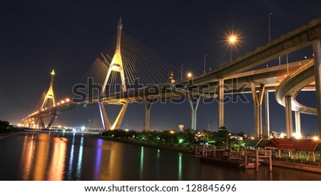 BANGKOK-FEB 18:Landscape of Bhumibol Bridge, established on 2006 and also called Industrial Ring bridge, across Choa Phraya river at night on February 18, 2012 in Bangkok, Thailand.